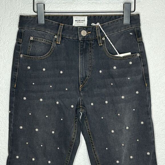NWT Isabel Marant Pearl Bead Embellished Straight Leg Jeans Black Sz 36/ Small - Picture 3 of 16